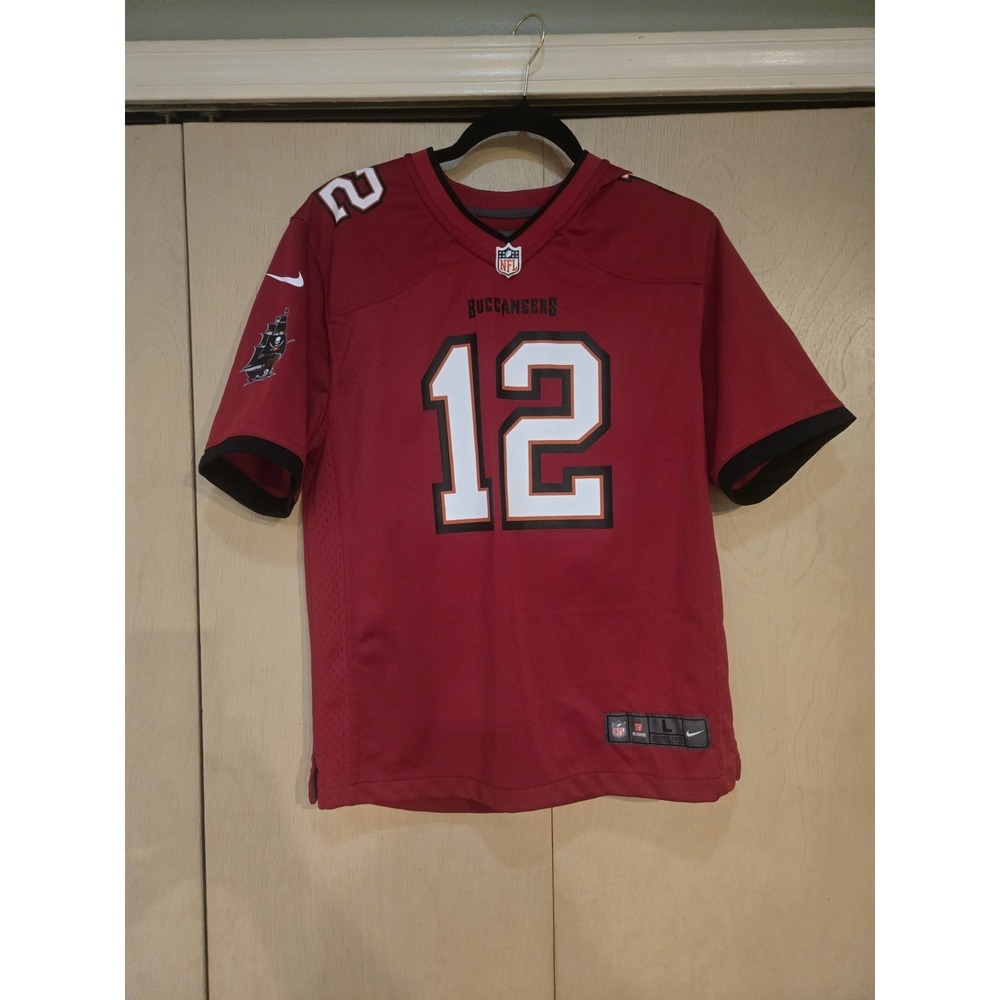 Nike NFL Tampa Buccaneers Tom Brady Goat #12 Jersey Red Black White Boy L -14/16